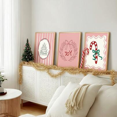 3pcs Christmas Wall Art Picture Festive Holiday Prints Canvas Paintings Candy Cane, Joy Wreath & Tree Posters Cozy Winter Aesthetic Wall Decor Decor For Living Room, Bedroom, Or Office, Perfect Xmas Gift Unframed Or Framed