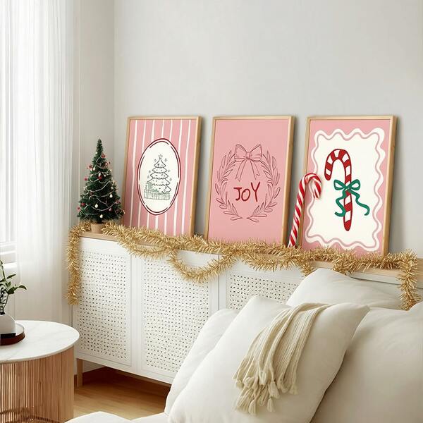 3 Stücke Weihnachts-Wandkunst Bilder, festliche Feiertags-Drucke Leinwandgemälde Zuckerstange, Freudenkranz & Baum Poster, gemütliche Winter Ästhetik Wanddekoration für Wohnzimmer, Schlafzimmer oder Büro, perfektes Weihnachtsgeschenk, ungerahmt oder gerahmt