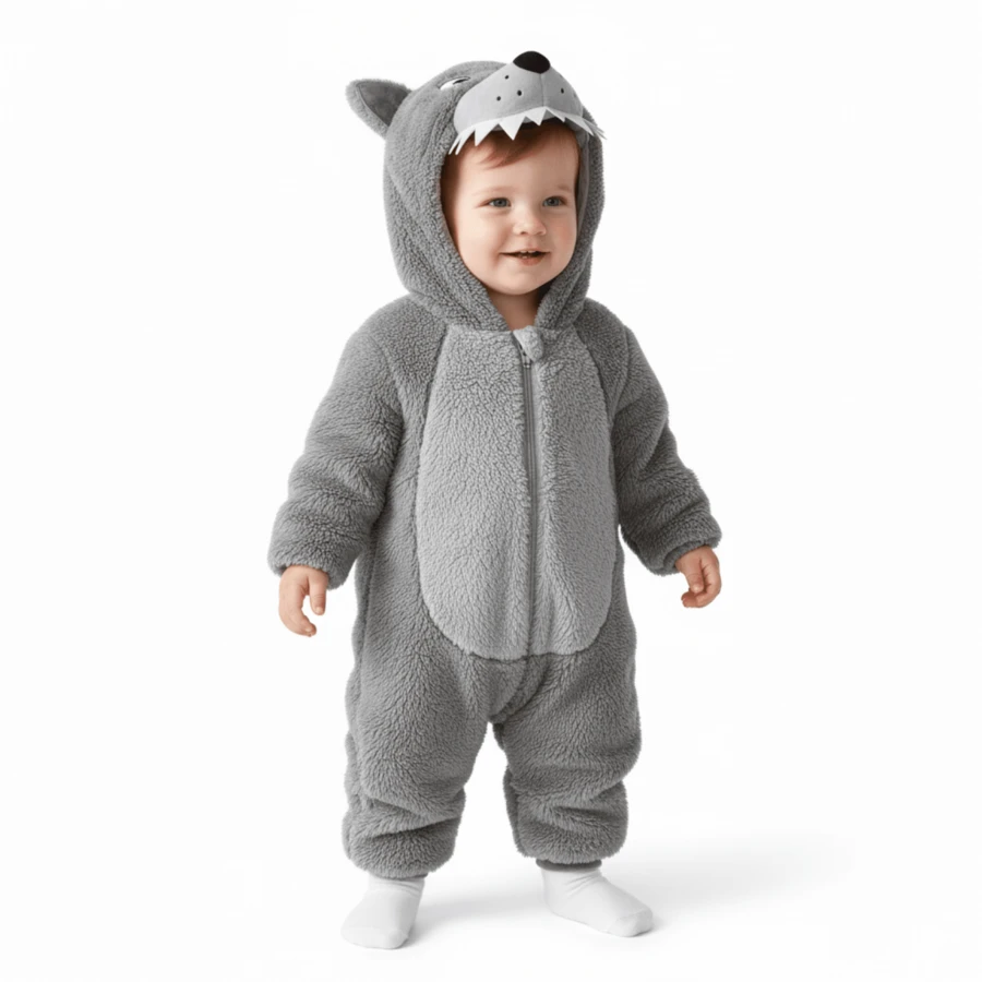 Costume Winter Warm Long Sleeve Hooded Romper Cute Halloween Plush Jumpsuit - Gris - Ver 1