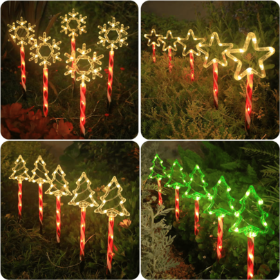 Luces decorativas solares para exteriores en Navidad, Juego de 5 piezas de luces solares en forma de bastón de caramelo navideño, luces de árbol de Navidad, luces de copo de nieve, etc. Luces solares impermeables para senderos navideños en exteriores, adecuadas para patio, jardín, patio, calle, parque, decoraciones navideñas