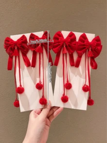 2 件新年红色儿童夹仿古风格发饰蝴蝶结丝带流苏公主头饰女孩圣诞节多功能发卡（纸卡仅供展示） - 紅色 - 查看 4