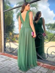 Long Dress With Slit Graduation Wedding Guest Bridesmaid With Sparkle - Olive Green - View 2