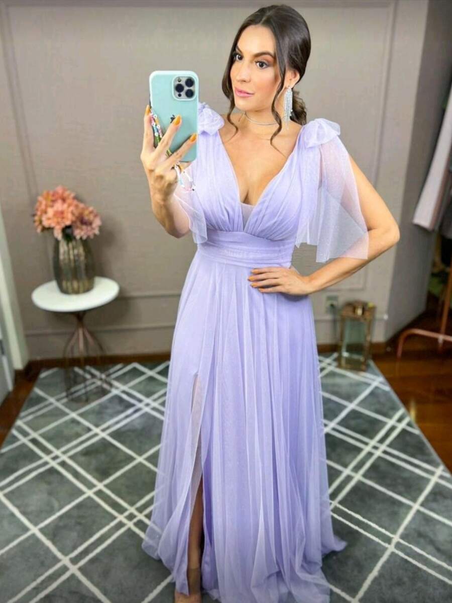 Long Dress With Slit Graduation Wedding Guest Bridesmaid With Sparkle - Lilac Purple - View 1
