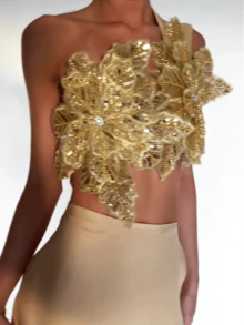 Women Sequin 3D Flower Crop Top Sparkle Backless Tie Up Cami Tank Top Floral Embroidered Mesh Tops - Vàng - Xem 5