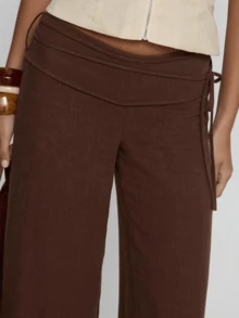 Palazzo Pants For Women 2025 Fall Striped Flowy Tie Knot Wide Leg High Waist Dressy Casual Work Pants Trousers - 咖啡棕 - 查看 7