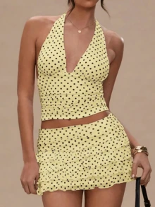 Women's Polka Dot 2 Piece Skirt Sets Vintage Halter V-Neck Top And Ruffle Layered Mini Skirt Summer Y2k Outfits - 黃色 - 查看 1