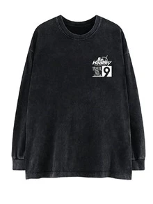 Oversized Vintage Black Cotton Washed English Print Long Sleeve T-Shirt, Loose And Slimming Design - Black - View 6