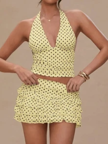 Women's Polka Dot 2 Piece Skirt Sets Vintage Halter V-Neck Top And Ruffle Layered Mini Skirt Summer Y2k Outfits - 黃色 - 查看 3
