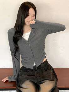 2025 Spring/Autumn Casual Chic Button Knit Cardigan For Women, Two Pieces Look - Grey - View 3