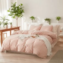 Vclife Vintage Floral Comforter Set Four Sizes, All Seasons Muslin Cotton Bedding Set, 3 Pieces Farmhouse Shabby Chic Jacquard Floral Comforter Set Perfect For Women And Men - Bộ chăn ga gối đệm - Sọc hồng - Xem 2