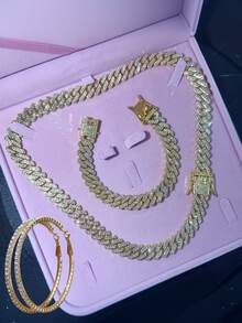 Hip Hop Punk Classic Minimalist Miami Cuban Chain,Matching Bracelets Y2K Goth Gold Jewelry, Necklace For Woman, Bracelet & Earring Sets, Women's Fashion Jewelry, Ladies Jewellery, Mom Gifts, Everyday Street Dance Rap Wear, Gifts For Christmas Gifts, Thanksgiving, Chain Necklaces, Jewelry Sets For Women, Chains, Accessories Women, Gold Set, Earring Christmas Decoration Christmas Jewelry For Women