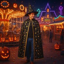 Set mantello e cappello da mago per Ognissanti | Mantello da strega con stampa a stelle | Costume da Ognissanti per bambini e adulti, outfit per cosplay e travestimento - nero - Visualizzare 1