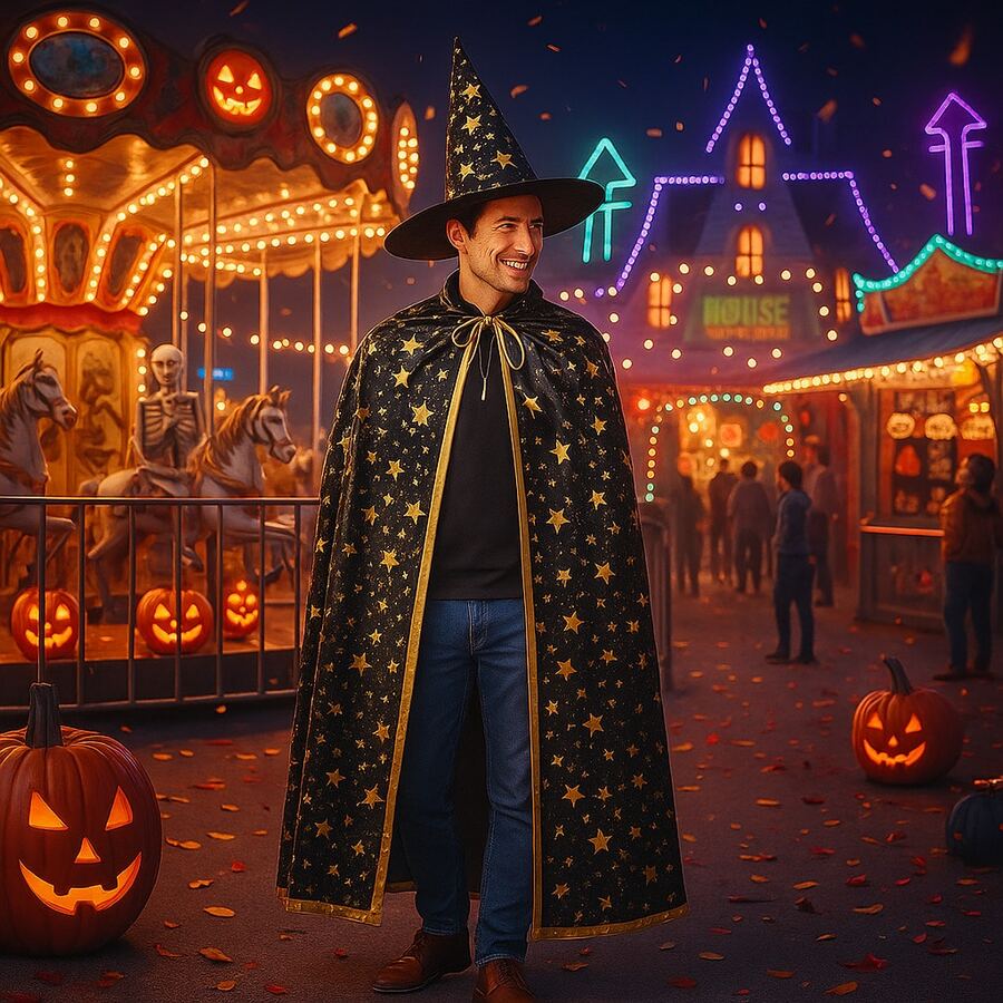 Set mantello e cappello da mago per Ognissanti | Mantello da strega con stampa a stelle | Costume da Ognissanti per bambini e adulti, outfit per cosplay e travestimento - nero - Visualizzare 1