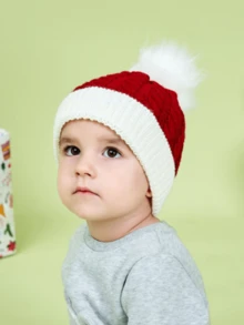 Gorro de Malha com Pompom para Crianças, Gorro de Natal, Gorro de Malha Quente, Outono/Inverno