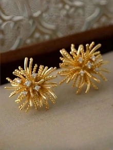1Pair Gold Plated Sunburst Stud Earrings - Rhinestone Firework Statement Earrings For Women, Hypoallergenic Daily & Party Jewelry