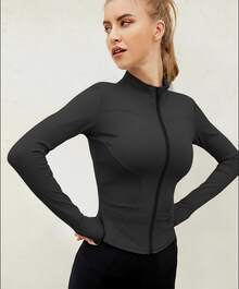 Chaqueta deportiva de manga larga con cremallera de color liso para mujer, corte ajustado y puños con abertura para el pulgar, ideal para fitness, yoga y running. - Negro - Ver 2