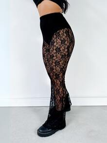 Light Flare Lace Pants With Elastic Waistband And Free Shorts, Foreign Fashion, Transparent Holidays - 黑色 - 查看 6