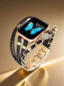 1PC Luxury Black Gold Watch Strap Accessories Compatible With IWatch 49mm 46mm 45mm 44mm 42mm 41mm 40mm 38mm, Woven Leather & Metal Chain Rhinestone Bling Design Wristband Compatible With Apple Watch Series 11 SE3 10 9 8 7 6 5 4 3 2 1 Ultra3/2/1, Fashion Statement For Business/Evening Occasions Watch Bands