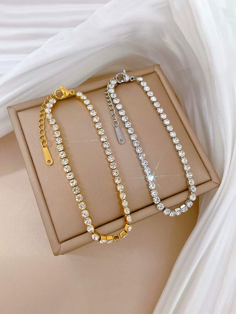 1 pieza Elegante pulsera de acero inoxidable con rhinestones, joyería brillante y de moda para mujeres, adecuada para fiestas y citas de mujeres - Pulsera - Ver 1