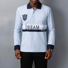 T S Dreamer Men's Long Sleeve Polo Shirt, Original "Dream Come True" Embroidery, Fashionable Contrast Color Blocking, Pure Cotton, Versatile For Christmas, Halloween, Thanksgiving, Valentine's Day, Teachers' Day, Father's Day, Carnivals, Easter, Ramadan, New Year, Independence Day, Eid Al-Adha, St. Patrick's Day, Spring Festival - Baby Blue - View 2