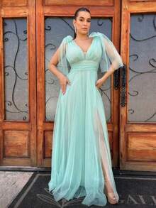 Long Dress With Slit Graduation Wedding Guest Bridesmaid With Sparkle - Mint Green - View 1