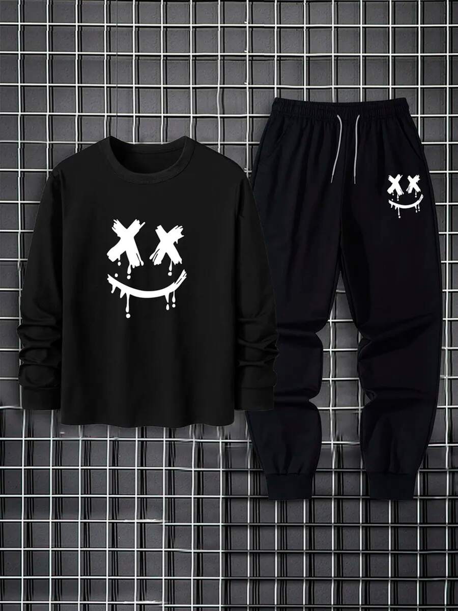 Round Neck Cold Weather Top Kit + Smile Print Round Neck Streetwear Sweatshirt Pants - Black - View 1