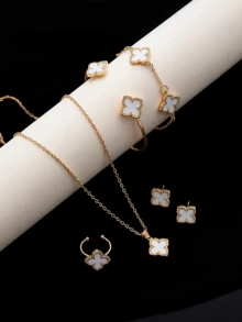 6pcs/Set: 1pc Necklace, 1pc Bracelet, 1pc Earring, 1 Pair Rings, 1pc Lucky Flower Necklace - Gold Earrings, Gold Rings, Gold Necklace, Gold Bracelet, Gold Bangle, Suitable For Back To School, Gatherings, Holidays - White - View 8