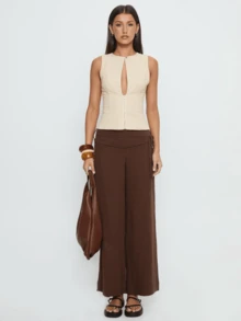 Palazzo Pants For Women 2025 Fall Striped Flowy Tie Knot Wide Leg High Waist Dressy Casual Work Pants Trousers - 咖啡棕 - 查看 6