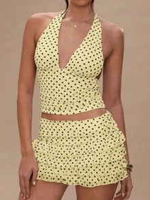 Women's Polka Dot 2 Piece Skirt Sets Vintage Halter V-Neck Top And Ruffle Layered Mini Skirt Summer Y2k Outfits - 黃色 - 查看 2