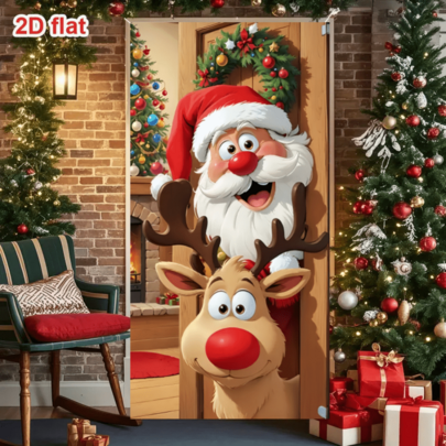 1 PIEZA, Cortina decorativa de puerta plana 2D con Papá Noel y renos, suministros para fiestas navideñas, decoraciones navideñas para interiores y exteriores, adecuada para puertas, colgantes de pared de sala de estar, dormitorios y jardín, decoraciones de cortina de puerta para fiestas navideñas, tela de fondo para ambiente festivo, ancho de puerta de bienvenida de Año Nuevo, cubierta de puerta, tamaño de poliéster 90*180 cm