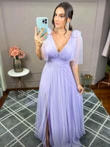 Long Dress With Slit Graduation Wedding Guest Bridesmaid With Sparkle - Lilac Purple - View 2