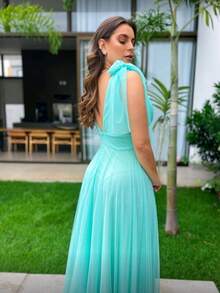 Long Dress With Slit Graduation Wedding Guest Bridesmaid With Sparkle - Mint Blue - View 2