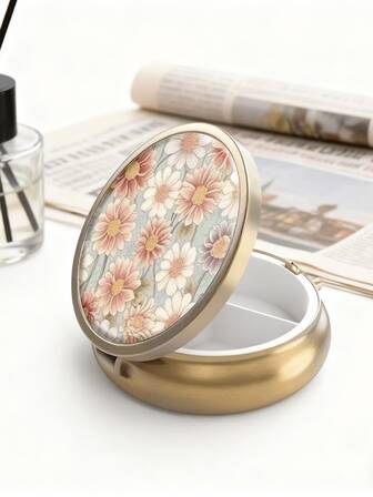 European & American Popular Sublimation Creative Portable Round Pill Box, Floral Pill Case, 3-Compartment Printed Metal Pill Box