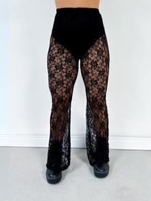 Light Flare Lace Pants With Elastic Waistband And Free Shorts, Foreign Fashion, Transparent Holidays - 黑色 - 查看 7