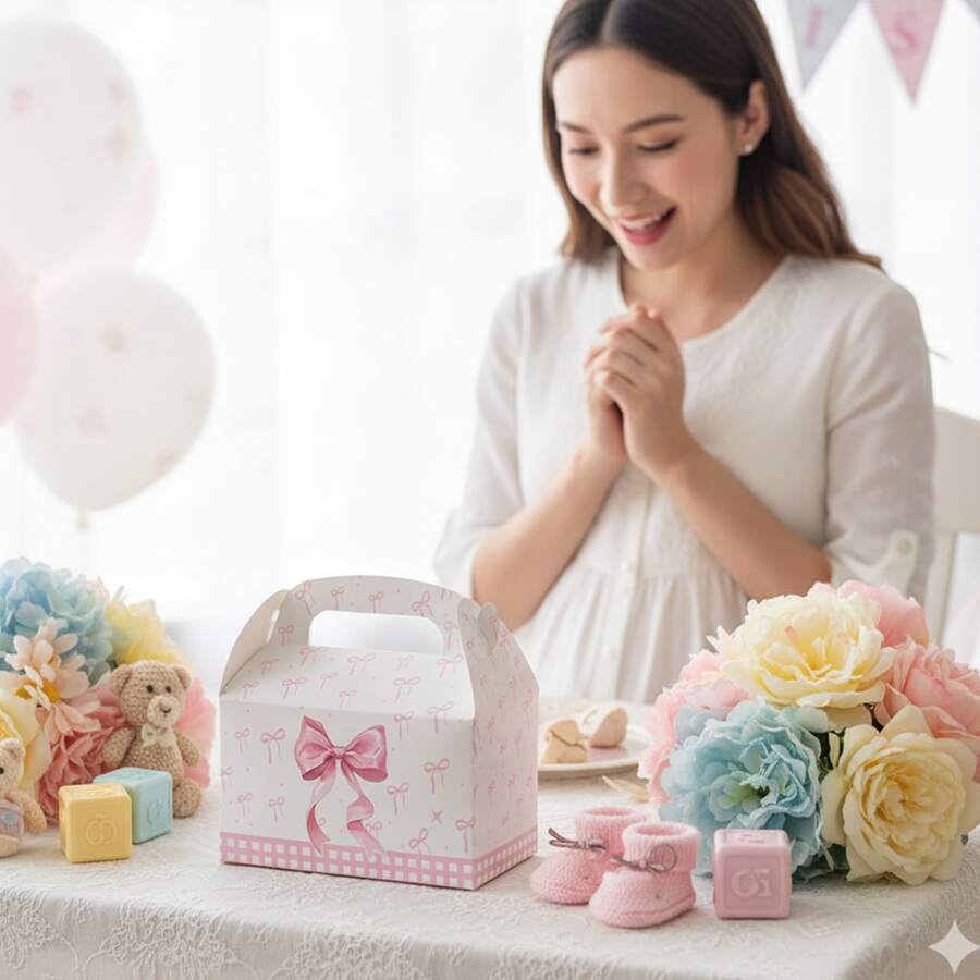 Christmas Bow Print Gift Box With Handle, Pink Paper Packaging Box For Christmas Decoration Holiday Party Favors, Birthday, Wedding Gift Packing Supplies  ﻿ - Pink - View 1