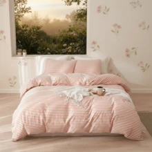 Vclife Vintage Floral Comforter Set Four Sizes, All Seasons Muslin Cotton Bedding Set, 3 Pieces Farmhouse Shabby Chic Jacquard Floral Comforter Set Perfect For Women And Men - Bộ chăn ga gối đệm - Sọc hồng - Xem 1