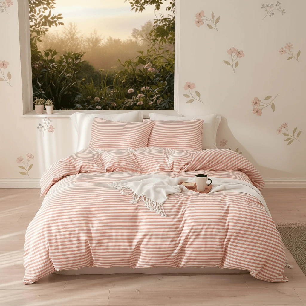 Vclife Vintage Floral Comforter Set Four Sizes, All Seasons Muslin Cotton Bedding Set, 3 Pieces Farmhouse Shabby Chic Jacquard Floral Comforter Set Perfect For Women And Men - Bộ chăn ga gối đệm - Sọc hồng - Xem 1