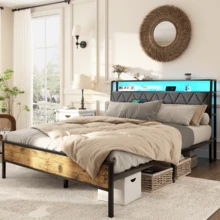 JANZDIYS 140x190 Cm Bed With Metal Frame – Under-Bed Storage – LED Lighting – Double Bed For Adults & Teens – Black