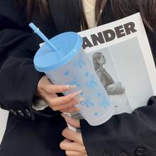 20/10 Pack 24oz Bow Plastic Cups With Straw And Lid, Pink Blue Reusable Travel Tumbler Cups, Heart-Shaped Pattern Iced Coffee Drink Cup, Suitable Birthday, Festival, Wedding, Anniversary And Party Supplies Valentine's Day,, Mother's Day, Halloween And Graduation Season Gifts - 藍色 - 查看 9