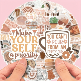 50 Sheets/Pack Bohemian Lnspirational Quote Stickers - Self-Care And Positivity Decals With Motivational Phrases Like "Put Yourself First" For Laptops Water Bottles Cars Guitars And More - Great Party Favors And Scrapbooking Motivational Stickers