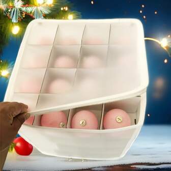 1件/2件64格圣诞球收纳盒，PP双拉链圣诞挂饰收纳盒，简约时尚透明方形双面可开多功能折叠防水收纳盒，圣诞装饰收纳盒，居家袜子内衣收纳盒