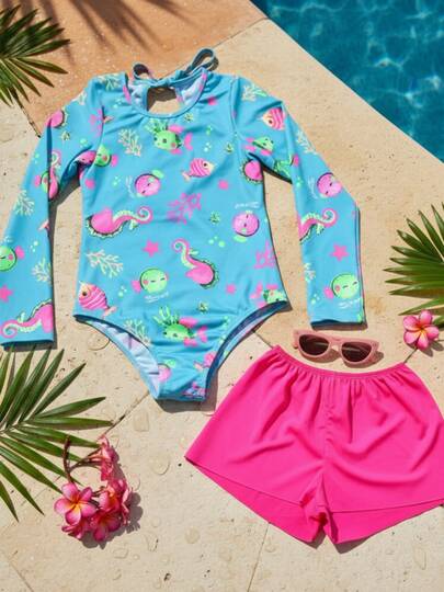 Kit 2 peças Conjunto Maiô e Shorts Rosa Neon Moda Praia e Piscina Infantil e Juvenil Lavin Basic 85-pxe
