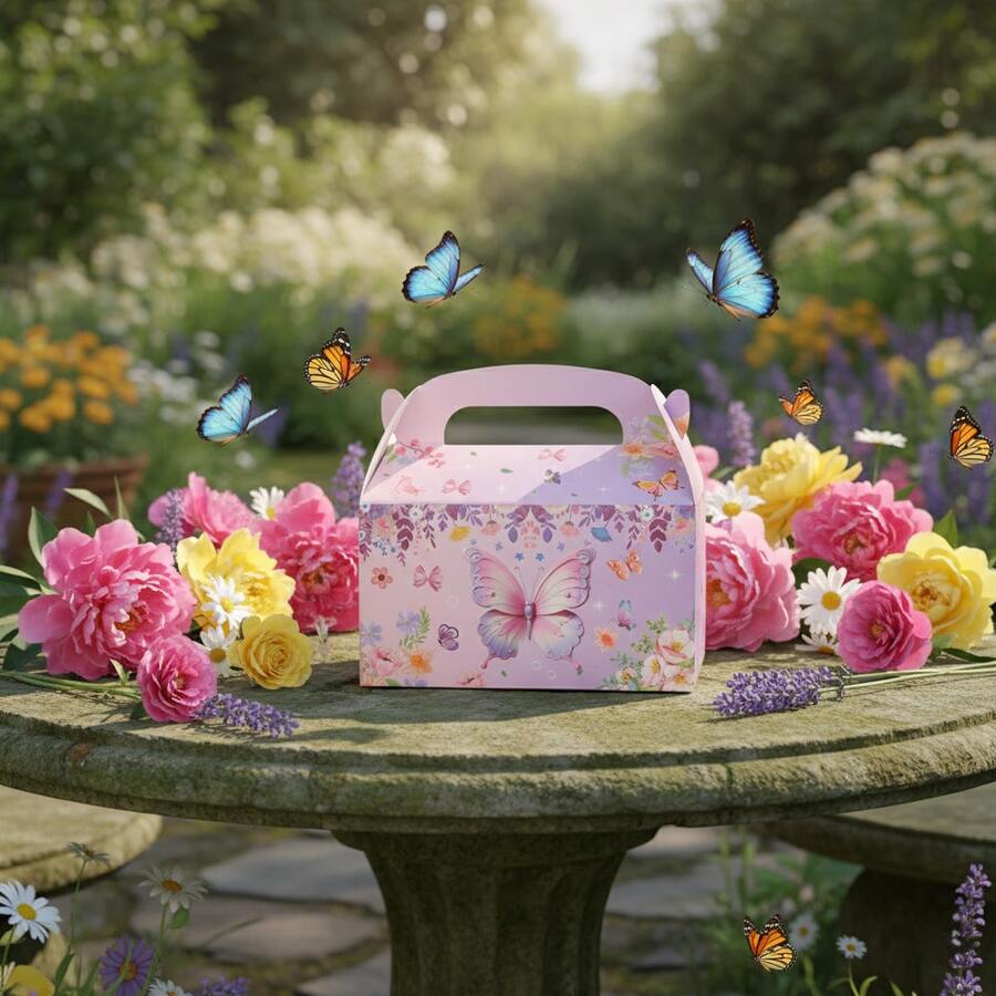 Christmas Gift Box With Handle, Butterfly And Floral Design Decorative Packaging, Fairy Tale Style Party Favor Boxes For Christmas Decotaion, Holiday Gift Boxs, Birthday Party Supplies ﻿ - Màu tím - Xem 1