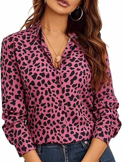 Stylish Women's Leopard Print Blouse With Shirt Collar Long Sleeves And Button Front Details