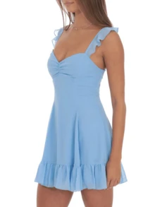 Women Y2k Graduation Mini Dress Ruffle Hem Lace Short Dress Flowy A Line Tie Back Dresses Party Clubwear - 淺藍色 - 查看 2
