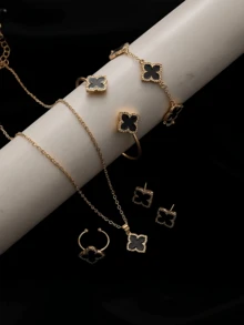 6pcs/Set: 1pc Necklace, 1pc Bracelet, 1pc Earring, 1 Pair Rings, 1pc Lucky Flower Necklace - Gold Earrings, Gold Rings, Gold Necklace, Gold Bracelet, Gold Bangle, Suitable For Back To School, Gatherings, Holidays - White - View 7