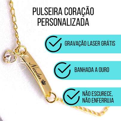 Pulseira Infantil RN Bebê Personalizada Pingente Coração Dourado Prata Com Gravação Nome Aço Inoxidável