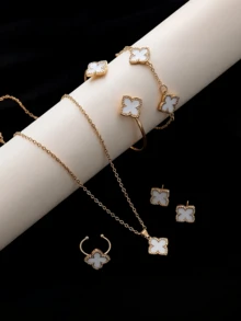 6pcs/Set: 1pc Necklace, 1pc Bracelet, 1pc Earring, 1 Pair Rings, 1pc Lucky Flower Necklace - Gold Earrings, Gold Rings, Gold Necklace, Gold Bracelet, Gold Bangle, Suitable For Back To School, Gatherings, Holidays - White - View 12