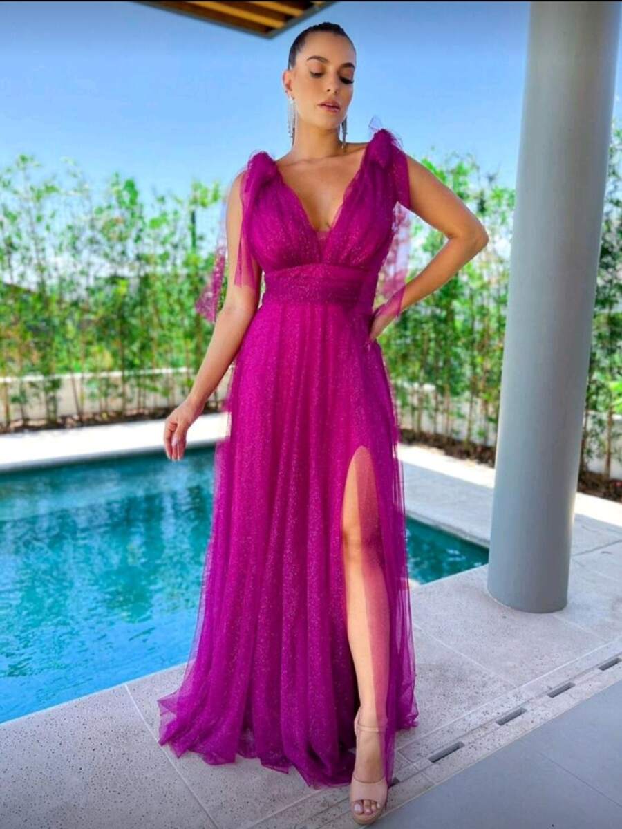 Long Dress With Slit Graduation Wedding Guest Bridesmaid With Sparkle - Rose Red - View 1