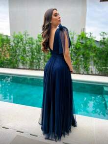 Long Dress With Slit Graduation Wedding Guest Bridesmaid With Sparkle - Navy Blue - View 2